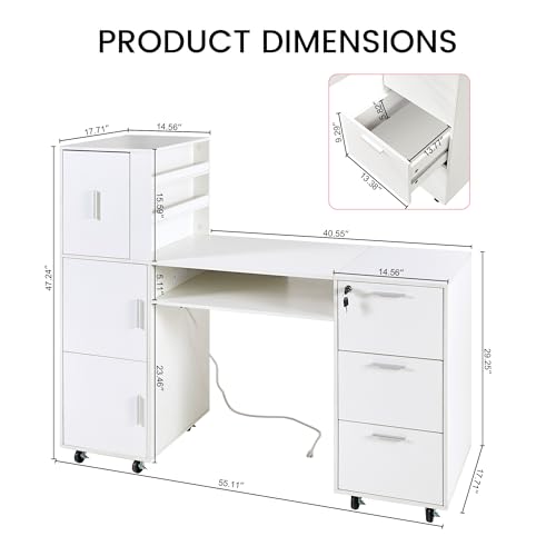 Manicure Table Nail Desk for Nail tech, 56 Inch Beauty Nail Table w/3 Cabinet+3 Drawers+3 Layers Open Cabinet+1 Open Drawer + 1 Power Outlet for Professional Salon Manicure Workstation
