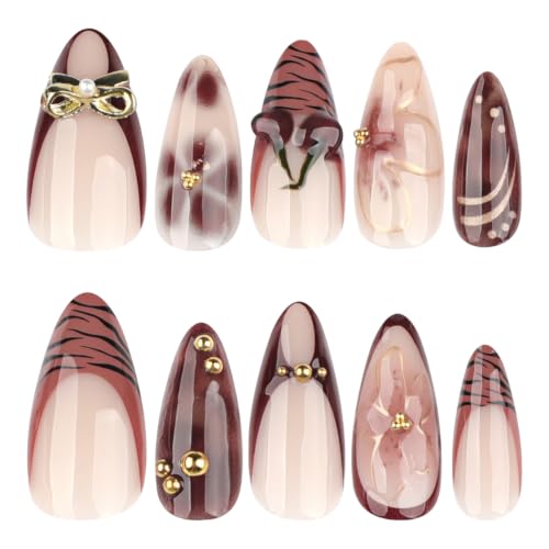 Fall Brown Press on Nails Medium Almond - Tortoise & 3D Cherry - color: D-49