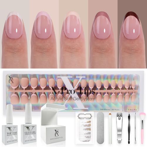 SXC Cosmetics French Tip Press On Nails - Skin Tone Nude and Color Series, XS Almond X-Pro Tips Starter Kit ST118KIT - color: Skin Tone - XS Almond