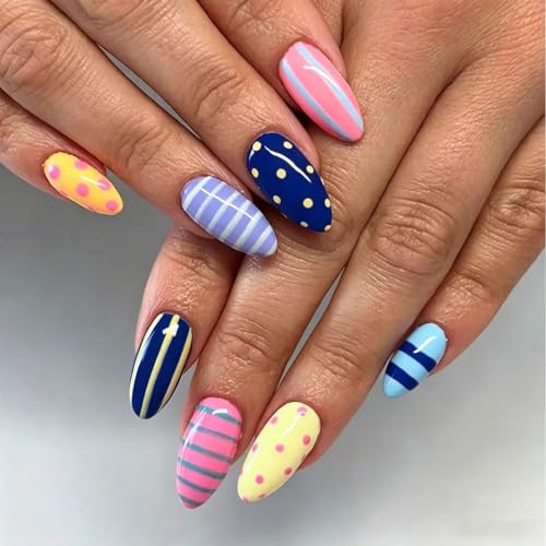 30Pcs Colorful Medium Almond Press On Nails, Summer Y2K Fake Nails - color: BD-Colorful-2
