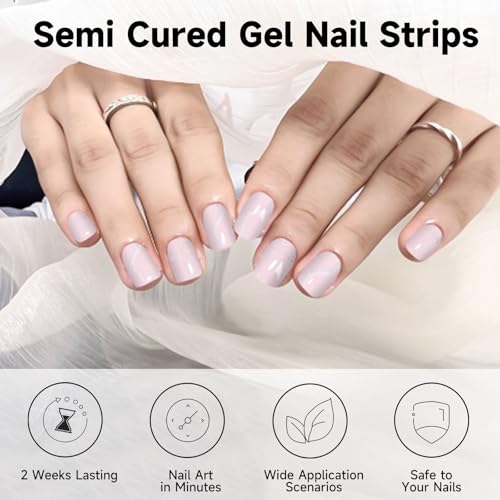 Semi Cured Gel Nail Strips, 28 pcs Gel Nail Stickers Work with Any UV Lights, Long-Lasting Nail Art Wraps, Stick on Nails for women Easy to Apply & Remove - color: NEW-D32