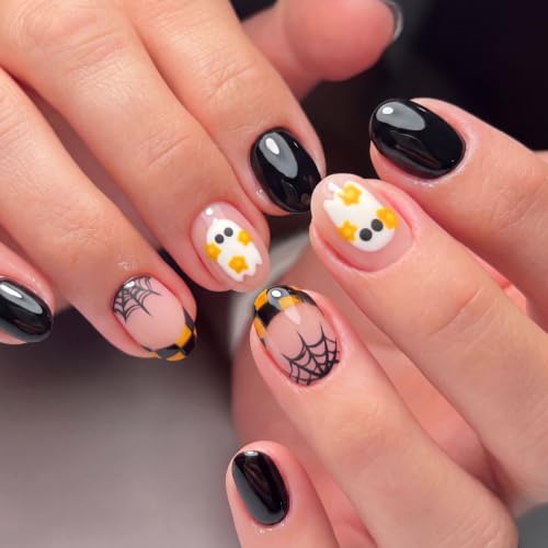 Short Almond Press on Nails Halloween with Cute Ghost Fake Nails 24Pcs - color: Style 1