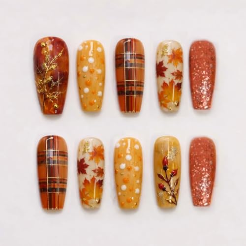 Fall Press on Nails Long Coffin False Nails Autumn Maple Leaf Fake Nails with Orange Glitter Plaid & Polka Dots Design Full Cover Acrylic Nails Reusable Thanksgiving Manicure Nail Tips for Women 24Pcs - color: special Fall-4