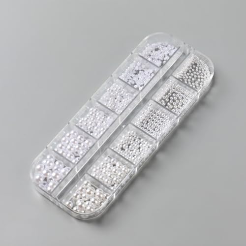 12 Grids White Pearl Nail Art Charms Multi Size Round and Half Round Pearls