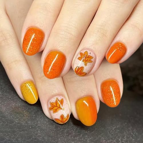 Fall Press on Nails Short Oval, Maple Leaves, Yellow, Orange - color: Style-22