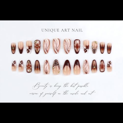 Fall Press on Nails Almond, Flower, Water Ripple, Brown, Medium - color: Style-03