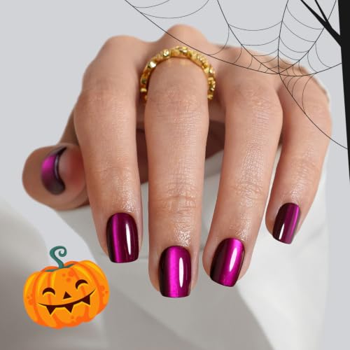 SHANGMENG Halloween Press on Nails, Square Short Plum Purple Cat Eye Nails - color: Amethyst