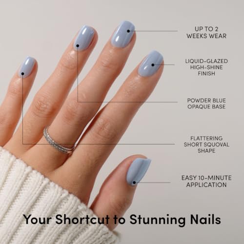 Glamnetic Press On Nails - Short Squoval, Glazed Fake Nails 30 Pc Full Kit - color: Powder Bleu - Light Blue Solid