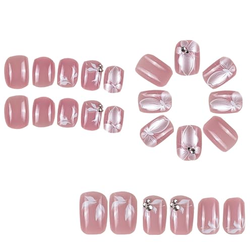 24Pcs Short Press on Nails RTKHFZE Pink Fake Nails with White Butterfly and Rhinestones Designs Press Ons False Nails Square Full Cover Acrylic Nails Stick on Nail for Women and Girls - color: BKSS16
