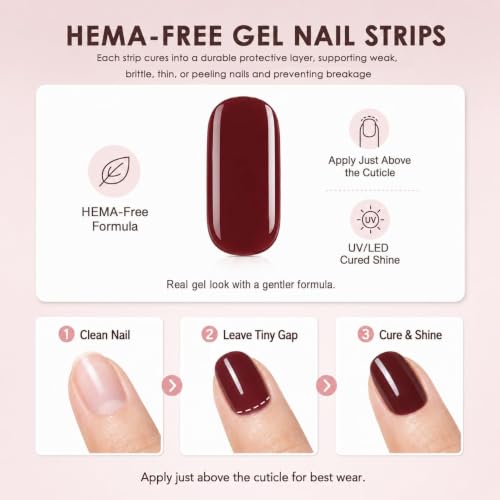 Semi Cured Gel Nail Strips Hema-Free Red Black Ombre - color: Dark Rose