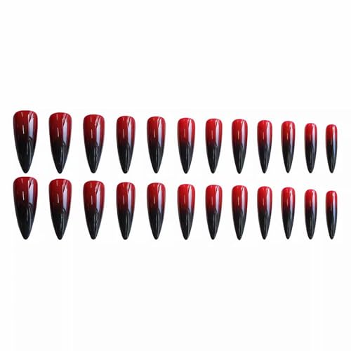 MISUD Press on Nails - Long Stiletto Glue on Nails with Gothic Red Black, Acrylic Goth Vampire Design 24 pcs - color: 02303-01Red Black