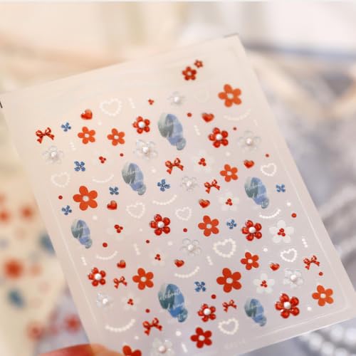 Red Flower Nail Stickers Decals Pearl Heart Design Nail Decals for Nail Art - color: Color38