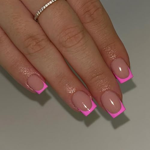 SXVME 30 Pcs Hot Pink French Tip Press on Nails Short Square Nails Press ons, Short Fake Nails Coffin Acrylic French Glue on Nail False for Women, Natural 15 Sizes - color: square hot pink