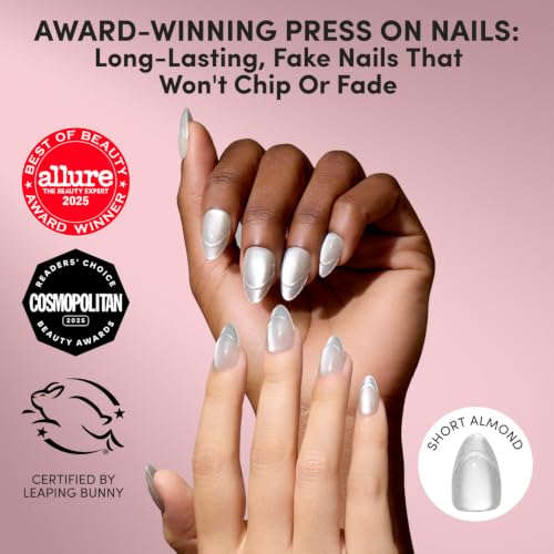 Glamnetic Press On Nails - Short Almond Cat-Eye Fake Nails 30 Pc Full Kit - color: Heavenly Metal - Silver Foil French Tip