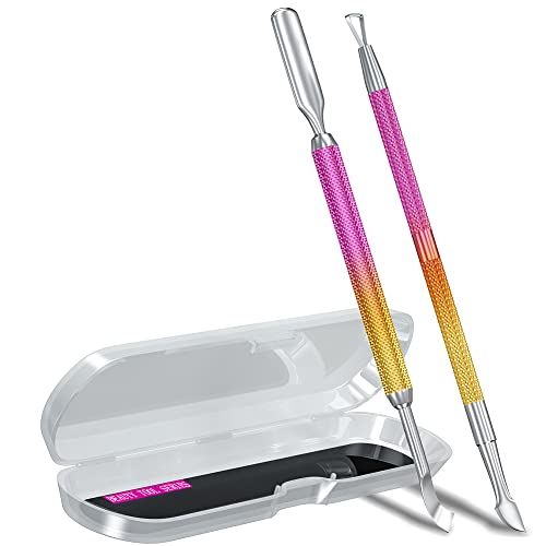 2PCS Pink-Yellow Gradient Cuticle Pusher Tool and Scraper Nail Pusher - color: Pink-Yellow Gradient