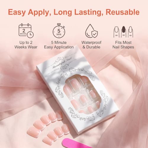 Press on Nails Short French Square Acrylic Press On Fake Nails 24 Pcs