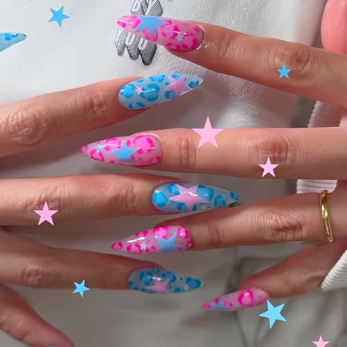 Long Stiletto Press on Nails - Blue & Pink Leopard with Star Contrast Design, Full Cover Glossy Fake Nails 24PCS for Women - color: Style-18