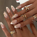 Medium Almond Press On Nails, White French 3D Flower Fake Nails - color: 098-Pearl Ivory Blush