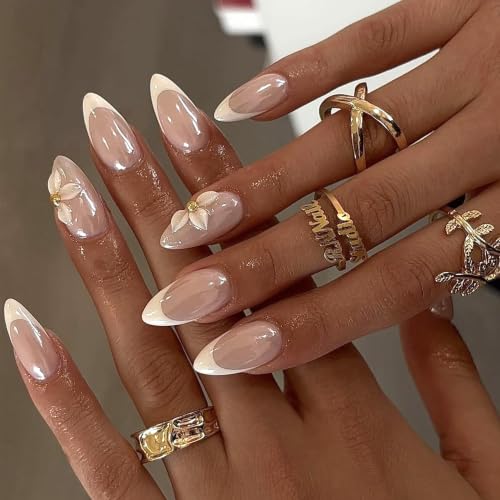 Medium Almond Press On Nails, White French 3D Flower Fake Nails - color: 098-Pearl Ivory Blush