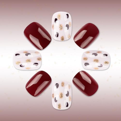 Fall Press on Nails Short Square Fake Nails with Glitter Dot Designs Glossy Nails Press ons Burgundy Nude Glue on Nails Full Cover Acrylic Nails Autumn Stick on Nails for Women 24Pcs - color: 12