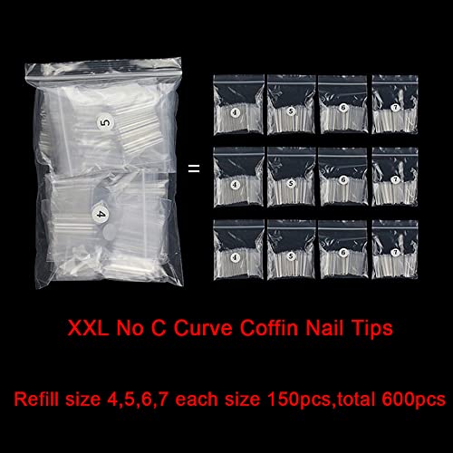 SWETIDY False Nail (600Pcs Refill XXL Coffin, No C Curve, Clear, Acrylic, Ballerina, Half Cover) - 4, 5, 6, 7 Sizes