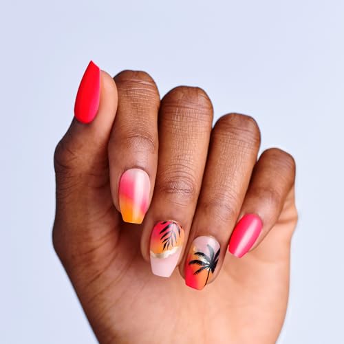 Kiss Impress No Glue Mani Press On Nails, Design, 'Sol', Pink, Medium Size, Coffin Shape, Includes 30 Nails, Prep Pad, 1 Manicure Stick, 1 Mini File