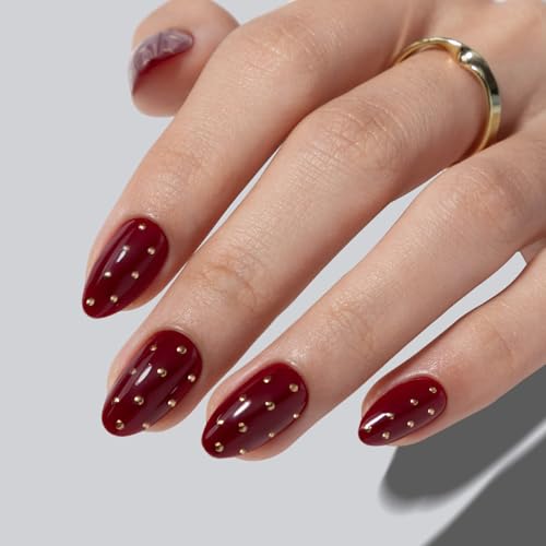SHANGMENG Press on Nails, Almond Short Cherry Red Nails with 3D Polka Dots - color: Diva's Gala