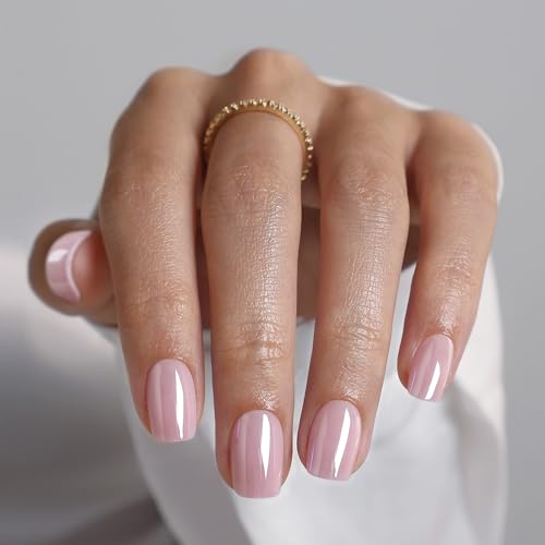 SHANGMENG Press on Nails, Square Short Light Pink Chrome Nails, Soft Gel - color: Blush Veil