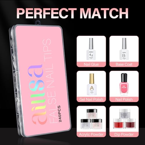 AILLSA Short Square Round Fake Nail Tips 240Pcs Soft Nail Gel Tips