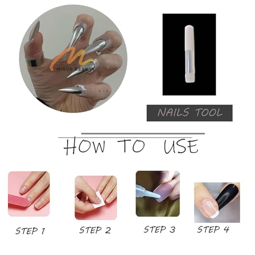 MISUD Press on Nails - Long Stiletto Glue on Nails with Silver Chrome, Acrylic Metallic Design 24 pcs - color: 06104Silver