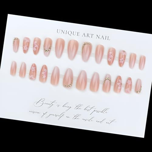 Flower Press on Nails Medium Almond Fake Nails Gradient Nails Press Ons - color: Pink Flower 6