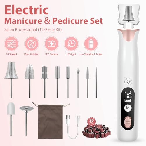 Haootadiy Electric Nail File, Cordless Electric Nail Filer Buffer with Nail Drill Bits Sanding Bands Professional Manicure Pedicure Set for Nail Grind Trim Polish, for Women & Men