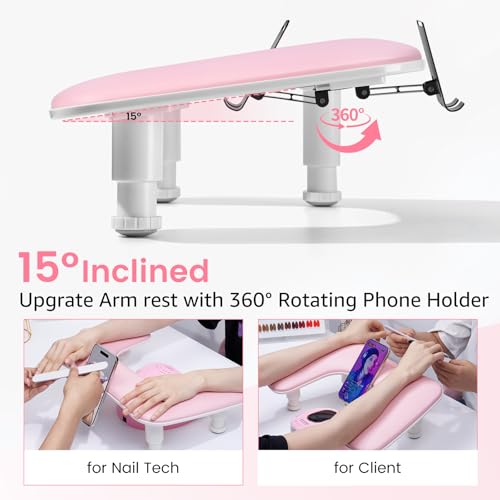 U-Shaped Manicure Arm Rest for Nails Tech with Rotating Phone Stand, Pink - color: 3nd Gen Height-adjustable Rose