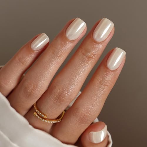 SHANGMENG Halloween Press on Nails, Short Square White Chrome Fake Nails - color: Pearl White