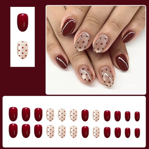 Brown Press On Nails Short Oval Fake Nails With Polka Dot Design - color: design-16