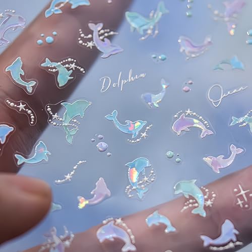 1 Sheet Dolphin Nail Art Sticker 5D Embossed Ocean Cute Dolphin Pearl Fantasy Nail Designs for Women Girls Summer Nail Art DIY Decoration - style: dolphin