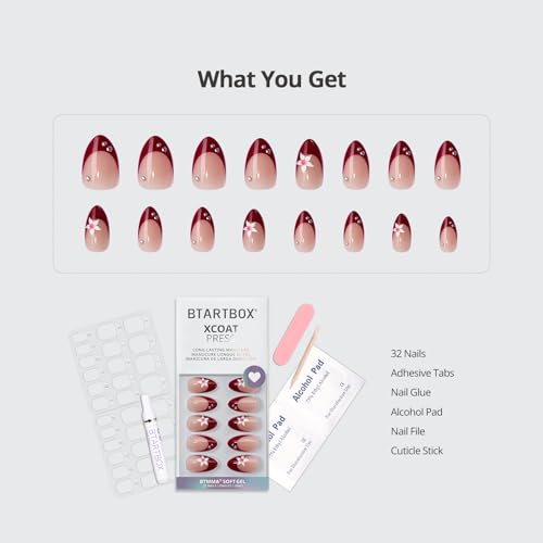 BTArtbox Press On Nails, Rococo Bloom, Short Almond, Red French, 32Ct - color: A1-Rococo Bloom