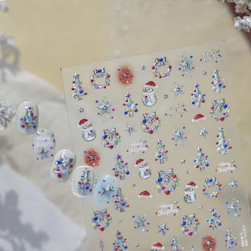1 Sheet Christmas Nail Art Stickers 5D Embossed Colorful Lights Christmas Tree Nail Stickers Self-Adhesive Snowmen Stars Christmas Wreath Nail Supplies for Women Winter Holiday Acrylic DIY Nail Decor - color: Polka Dots Xmas Tree