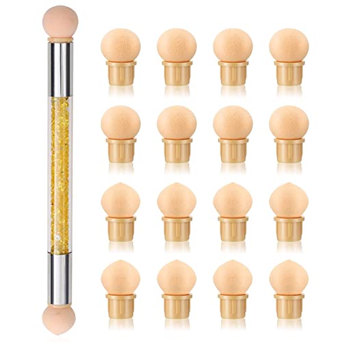 1pcs Nail Sponge Pen, Ombre Nail Brush Nail Design Brushes Nail Art Brushes Gel Acrylic Manicure Brush Nail Art Tools with 16Pcs Replaceable Sponge Heads (Yellow) - color: Yellow