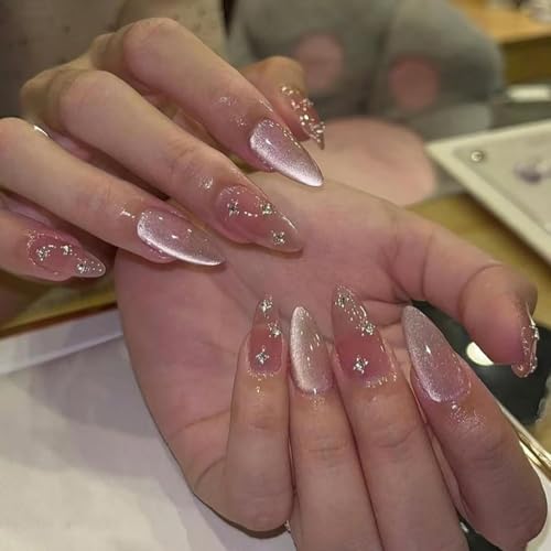 Pink Press On Nails Almond Medium Fake Nails Glitter With Rhinestone Design False Nails Press Ons Glossy Acrylic Nails Reusable Glue On Nails For Women Girls - color: Design-3
