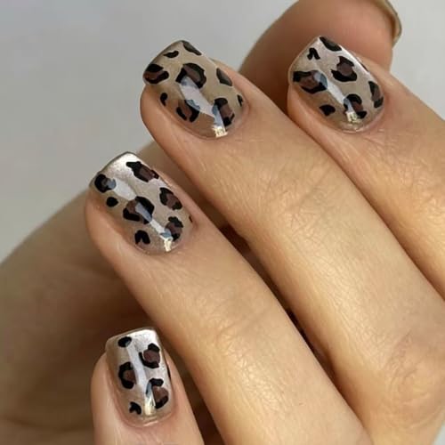 Leopard Press on Nails Short Square - Cat Eye - color: D-69