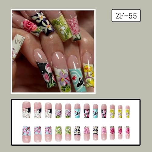 24pcs Long Coffin Press on Nail Spring Fake Nails French Tip Press ones with Floral designs Colorful Stick on Nail Full Cover Cute False Nails Reusable Flower Glue on Nails for Women Summer - color: styles37