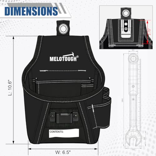 MELOTOUGH Nail and Screw Organizer Bag for Electricians and Carpenters, Tool Belt Pouch with Belt Clip, Heavy Duty Work Fastener Pouch - color: Black