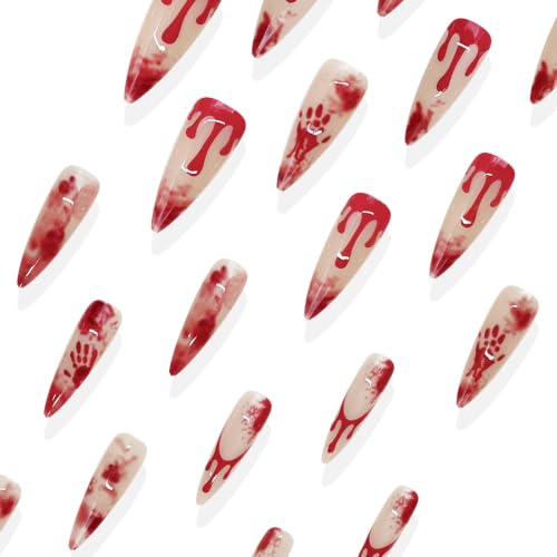 Red Halloween Press On Nails Long Fake Nails Stiletto False Nails - color: Style C014, size: Medium