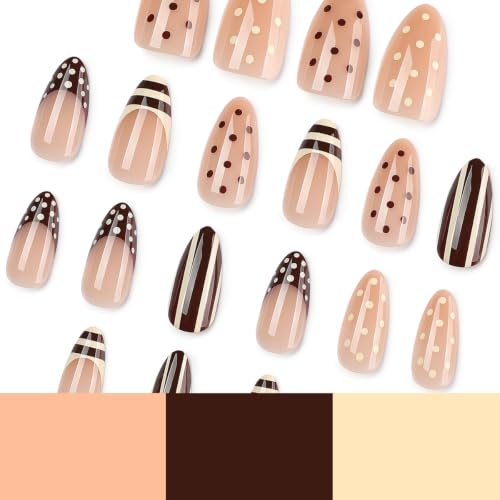Polka Dot French Tip Press on Nails Medium Almond Brown Stripe Fake Nails - color: style-02