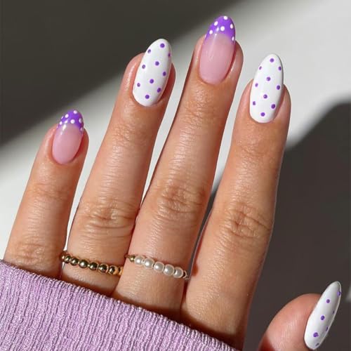 Medium Almond Press On Nails Purple French Tip Fake Nails Polka Dots Nails - color: BD-White Purple-8