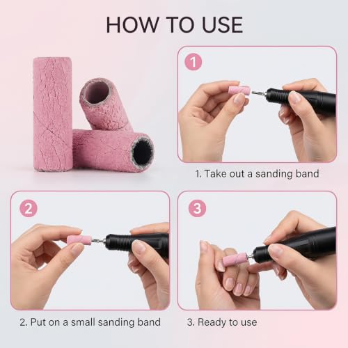 200 Pcs 180 Grit Pink Nail Sanding Bands 2 Mandrels Nail Drill Accessories