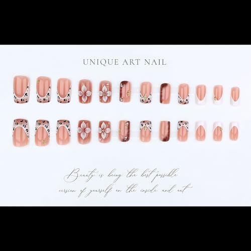 Medium Square Press on Nails French Tip Fake Nails with Leopard Print 24Pcs - color: Style-29