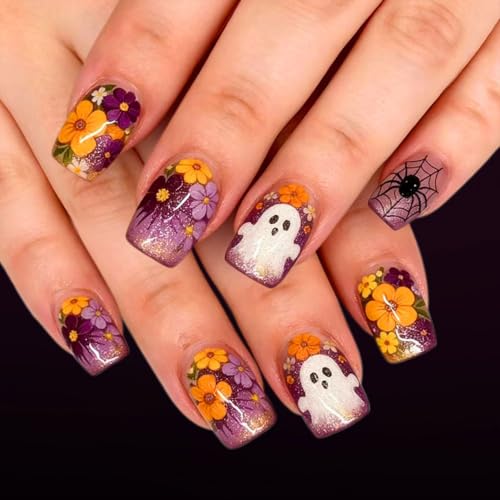 Halloween Yellow Purple Flower Press on Nails Short Square Fake Nails - color: Halloween26-Purple-6