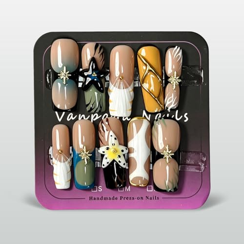 Handmade Press on Nails Long Square Nude Black White, 3D Star Flower False Nails with Gold Line, Luxury Reusable Nail Art Kit for Women Party Daily(M) - color: HLK, size: Medium